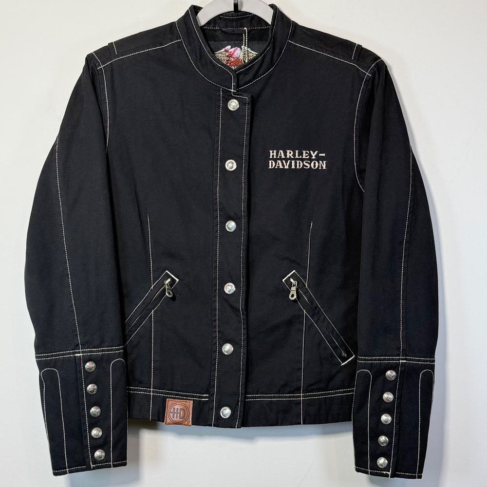 Harley-Davidson Canvas Jacket Womens Small Black Contrast Stitching Biker Edgy